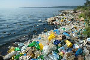 AI generated Plastic pollution from waste single use plastic professional photography photo