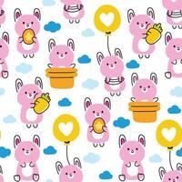 Seamless pattern of cute rabbit line hand drawn style in various poses with cloud on white background.Bunny cartoon.Rodent animal character design.Sky.Kawaii.Vector.Illustration. vector