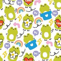 Seamless pattern of cute frog line hand drawn style with various icon on white background.Hi text,flower,rainbow,heart,lighting.Reptile animal character cartoon design.Kawaii.Vector.Illustration. vector