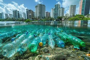 AI generated Plastic pollution from waste single use plastic professional photography photo