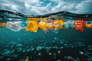 AI generated Plastic pollution from waste single use plastic professional photography photo