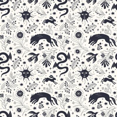 Magic, fairy tale, wolf, snake, bird, sun, seamless pattern, vector illustration.