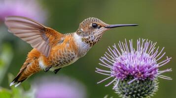 ai generado colibrí flotando terminado púrpura flor foto