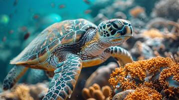 AI generated Green Turtle Swimming Over Coral Reef photo