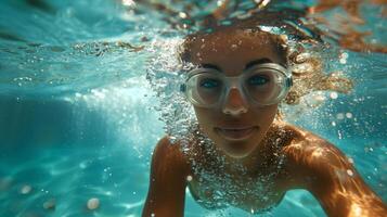 ai generado hombre nadando en agua con gafas de protección foto