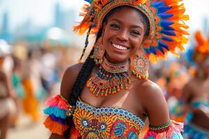 AI generated Vibrant parade marching through city streets, featuring music, dance, and colorful floats to honor the end of slavery in the U.S. photo