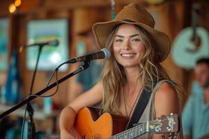 AI generated Musician in a sun hat sings into a microphone while playing guitar at concert photo