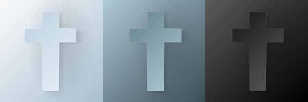 Papercut Christian cross. 3D Papercraft religious crucifix icon for posters and flyers, presentation, web, social media, design, banner, stickers, obituary, death notice or card of condolence. vector