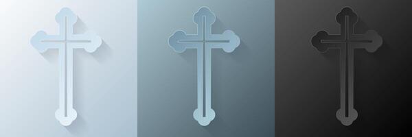 Papercut Christian cross. 3D Papercraft religious crucifix icon for posters and flyers, presentation, web, social media, design, banner, stickers, obituary, death notice or card of condolence. vector