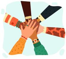 Hands putting together. People group putting hands teamwise, partnership, teamwork, unity and friendship concept isolated vector illustration