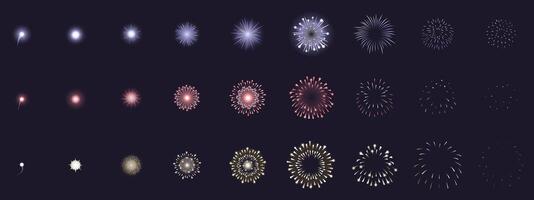 Fireworks animation. Animated firework explosion frames, party firecracker explosion storyboards. Fireworks explosions vector illustration set