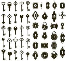 Keys and keyholes. Vintage house door keys and keyholes, decorative keys silhouettes vector illustration set. Antique and modern keys skeleton