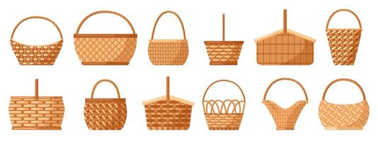 Wicker baskets. Picnic willow baskets, empty straw hampers, decorative wicker baskets with handle. Picnic baskets vector illustration set