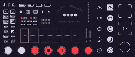 Smartphone camera icons. Mobile phone viewfinder interface elements, flash, quality, rec time, and battery ui icons. Phone camera vector symbols