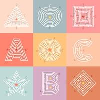 Maze way. Labyrinth conundrum for children, entry and exit quest, kids maze rebus. Abstract educational game vector illustration set