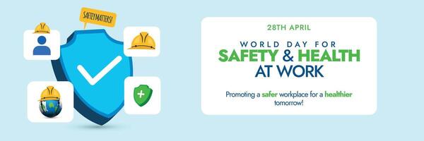 World Day For Safety and Health at Work.28th April World day for safety and health at work cover banner with protection shield and icons around it to promote safety measures for workers safety. vector