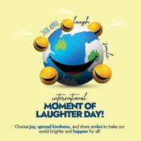 International moment of Laughter day.14th April World Laughter day celebration banner with earth globe having big smile and yellow smiling emojis around it. Laughter day cover banner concept. vector