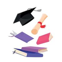 Graduate cap with diploma scroll and books flying in the air vector illustration.Greeting banner for design of graduation.Academic cap, books, and graduation scroll. Congratulations graduates