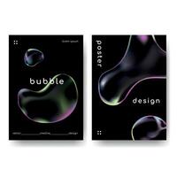 Glowing soap bubbles on black background.Vector template with iridescent 3D shapes .Transparent realistic iridescent bubble of different shapes and place for text.Creative posters, flyers,cover set vector