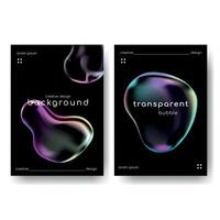 Transparent realistic iridescent bubble of different shapes and place for text.Creative posters, flyers,cover set .Glowing soap bubbles on black background.Vector template with iridescent 3D shapes vector