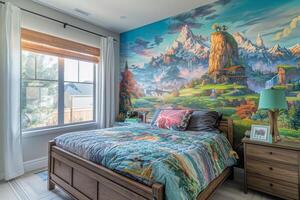 AI generated A gamer's bedroom with a gaming-themed wall mural photo