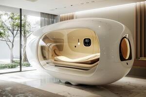 ai generado un futurista dormitorio con gravedad cero dormir vainas foto