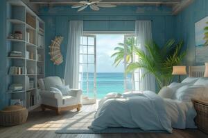 AI generated A coastal bedroom with walls adorned with beach-inspired artwork photo