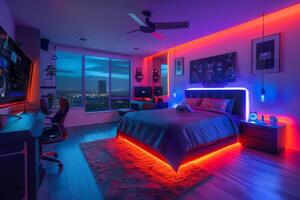 AI generated A gamer's bedroom with color-changing LED bulbs photo