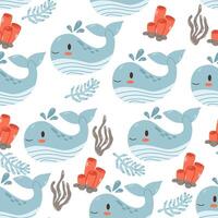 Marine seamless pattern with cute whale design for kids,Marine background for greetings, invitations, manufacture wrapping paper, textile and web design. vector