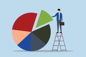 Investment asset allocation and rebalance, A financial planner stands on a ladder to create a pie chart that balances an investment portfolio in terms of risk and return. vector