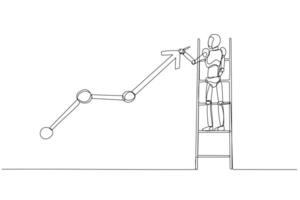 Robot climbs a ladder, adjusting an upward-trending graph. Symbolizing  technological growth and progress and advancement in automation and machine learning. vector