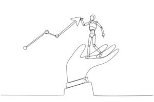 Humanoid robot stands on a human hand, pointing toward an upward trending graph line. Concept of synergy between human support and robotic efficiency, leading to growth. vector