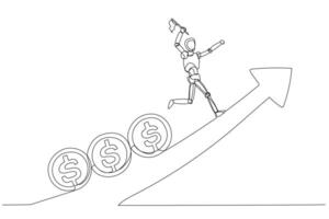 Minimalist illustration portrays a robot relentlessly pursued by rolling dollar coins. The scene symbolizes the unceasing quest for wealth in an upward journey. vector