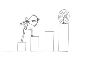 Robotic archer stands poised on a pedestal, aiming an arrow at a distant target. The scene symbolizes focused goal-setting and determination. vector