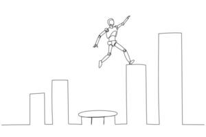 Robot balancing on one leg atop a tall rectangular block, between bar chart. The scene illustrates technology can catapult to higher goal vector