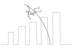 simple line drawing depicting a humanoid pole vaulting over bar graphs, symbolizing overcoming obstacles or achieving goals in the context of data or business vector