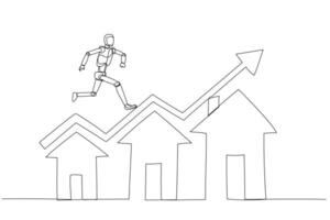 un robótico figura asciende en forma de casa pasos, simbolizando crecimiento en el alojamiento industria. vector