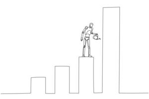 Robot standing on one of the blocks of varying heights. The robot is watering the tallest block like a tree plant. This visual conveys a sense of nurturing and development vector