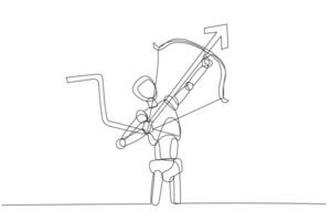 Simple line drawing of Robot archer, pulling back the string of a bow and aiming upwards showcasing the tension and focus involved in aiming for a goal and objective vector