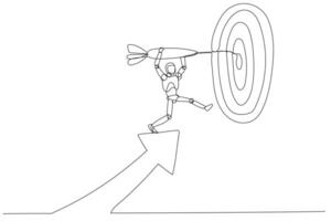 Simple line drawing robot stretch towards the bullseye. Essence of aiming for a goal or target, representation of ambition and achievement vector