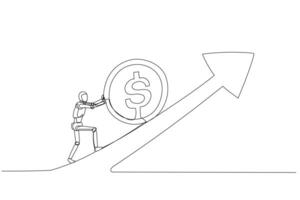 Humanoid robot pushing a large coin with a dollar sign up an incline, symbolizing the effort and challenge associated with increasing financial wealth or income vector