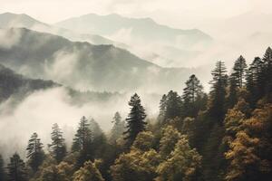 AI generated Ethereal Smoky cloudy mountains trees natural. Generate AI photo