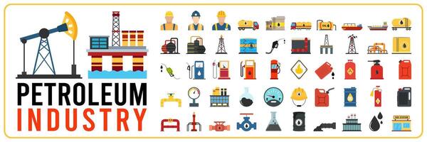 Petroleum and oil industry icon with factory vector illustration. Industrial icon and element in flat design vector. Petroleum industry icon set.