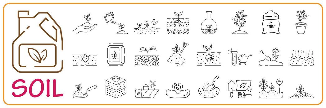 Soil line icon set. Simple Plants Related Vector Line Icon. Contains such Icons as Leaf on Hand and Growing Conditions. Seeds and irrigation. Spring.