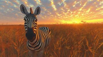 ai generado cebra en pie en alto césped campo foto