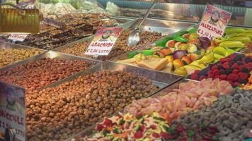 ROVIGO ITALY 30 OCTOBER 2021 Street market candy stall detail video