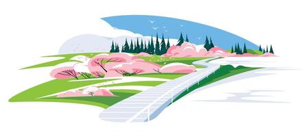 spring flowering trees on a green meadow. Flower season. Wooden path for walking. Conifers on the horizon. Vector flat illustration