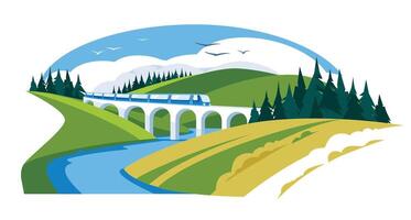 viaducto entre verde sierras. carril transporte y viajar. verano o primavera paisaje de el río banco. vacaciones y salir. vector plano ilustración