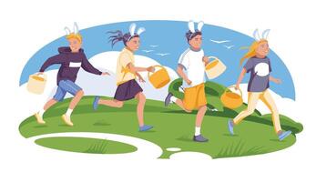 alegre Pascua de Resurrección niños con cestas correr y saltar en un verde césped. fiesta tarjeta. vector plano ilustración