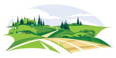 A path in the middle of a green field. Nature environment recreation and travel concept. Blue sky horizon. Spring and summer adventures. Vector flat illustration
